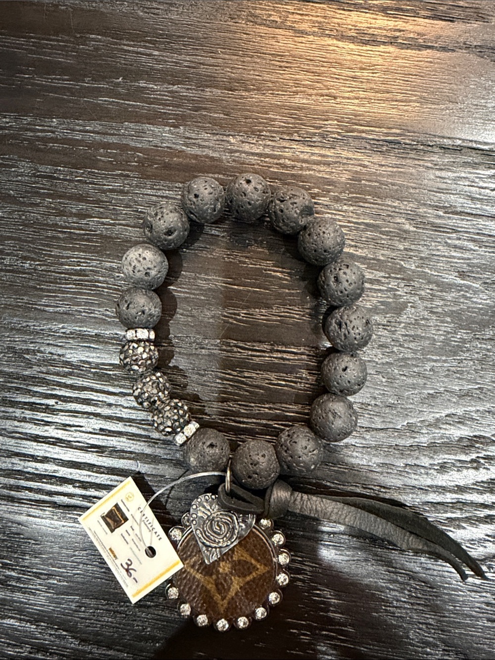 Lava Bead Stretch Bracelet with Rhinestone Charm